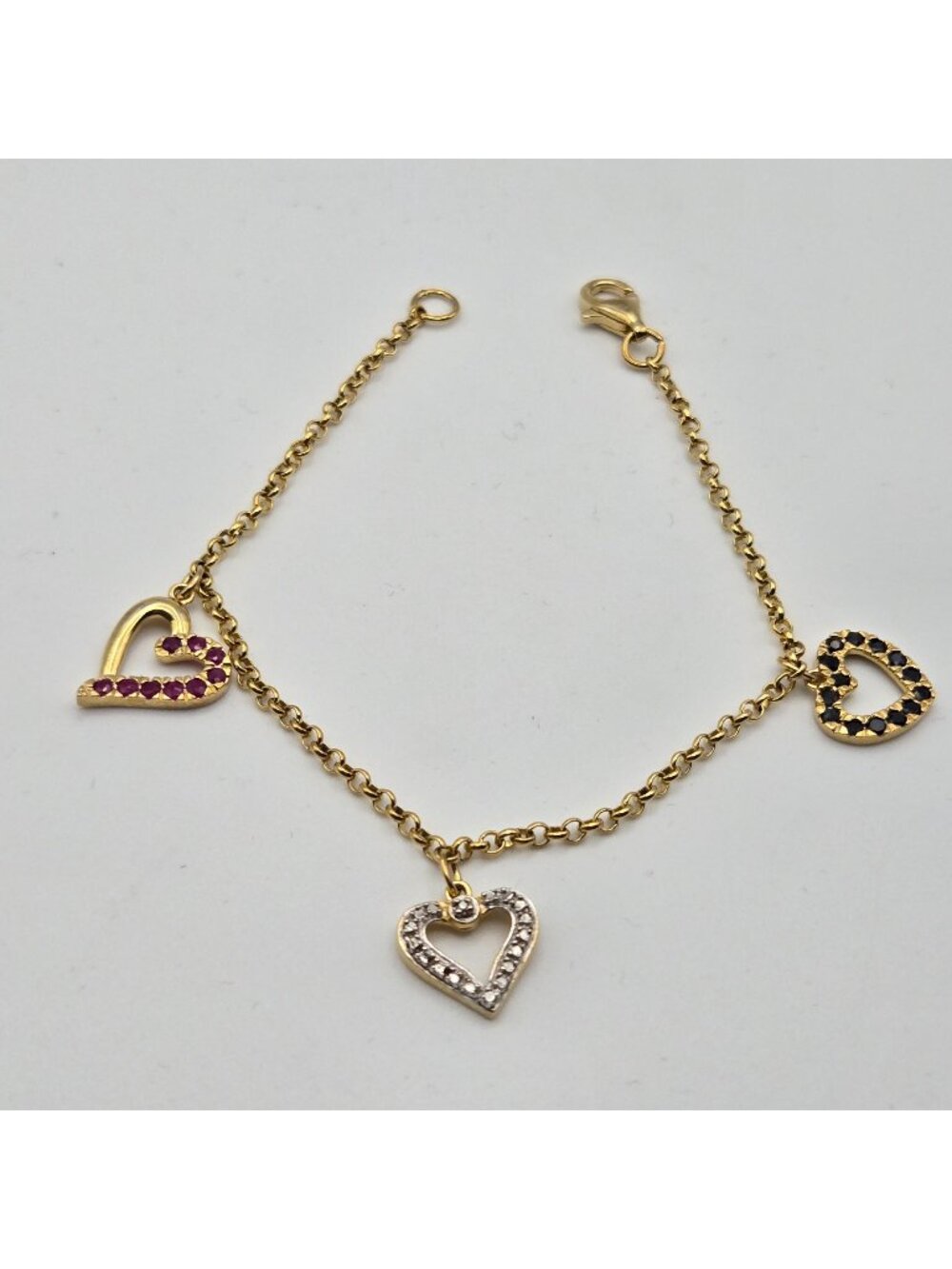 Vtg Gold Over Sterling Silver 925 Heart Charm Bracelet Ruby Sapphire Diamond Acc
